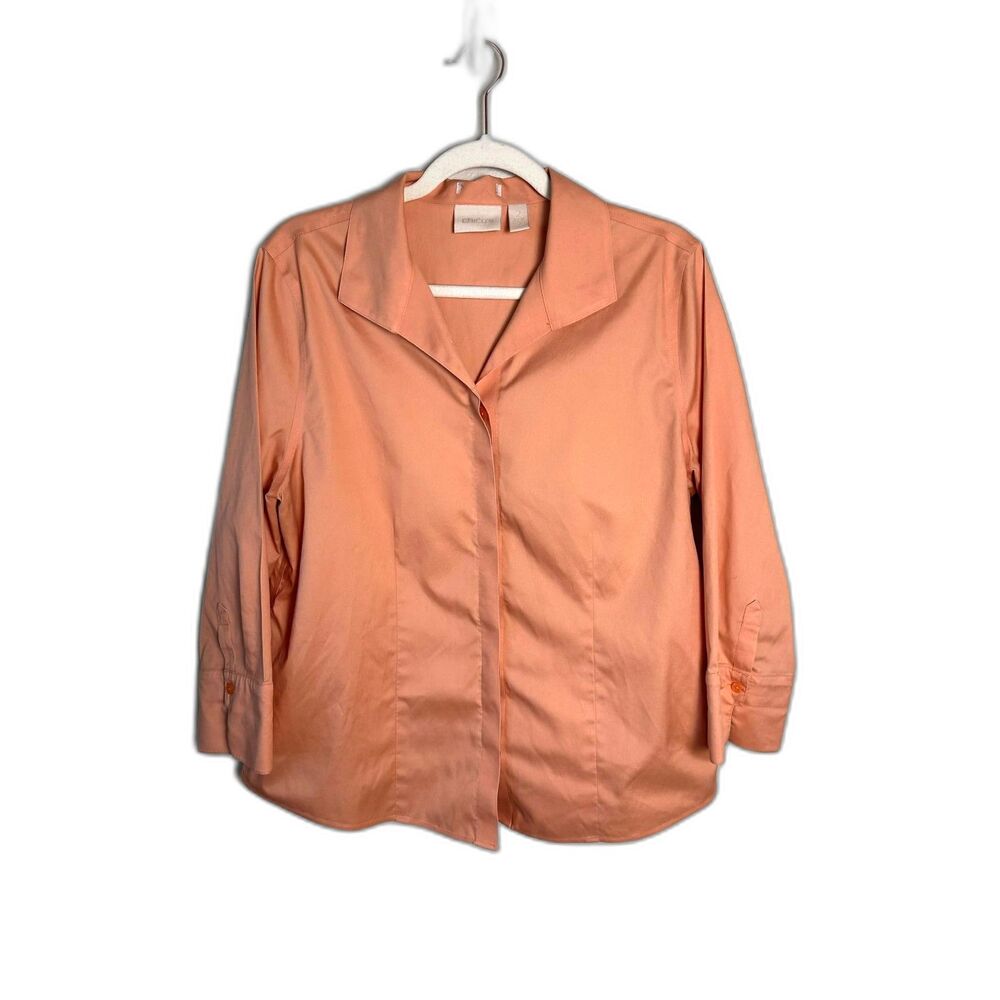 Chicos Top Womens 2 Large Coral Peach Button Up 3/4 Sleeve Blouse Classic Work